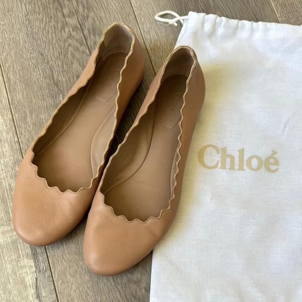 Chloé Lauren Scalloped Ballet Flats Nude Leather EU 36 Dust Bag - Picture 3 of 10